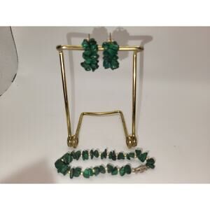 Vinatge Gold tone Natural Malachite Chip Hoop Earrings and Bracelet